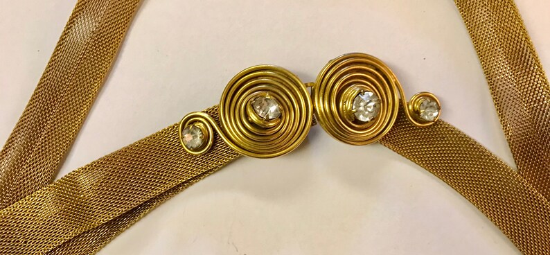 Gold Mesh Belt Rhinestone Coil Buckle Vintage 1930s-40's Adjustable to 36 inch Waist Narrow Golden Mesh Fashion Belt image 9