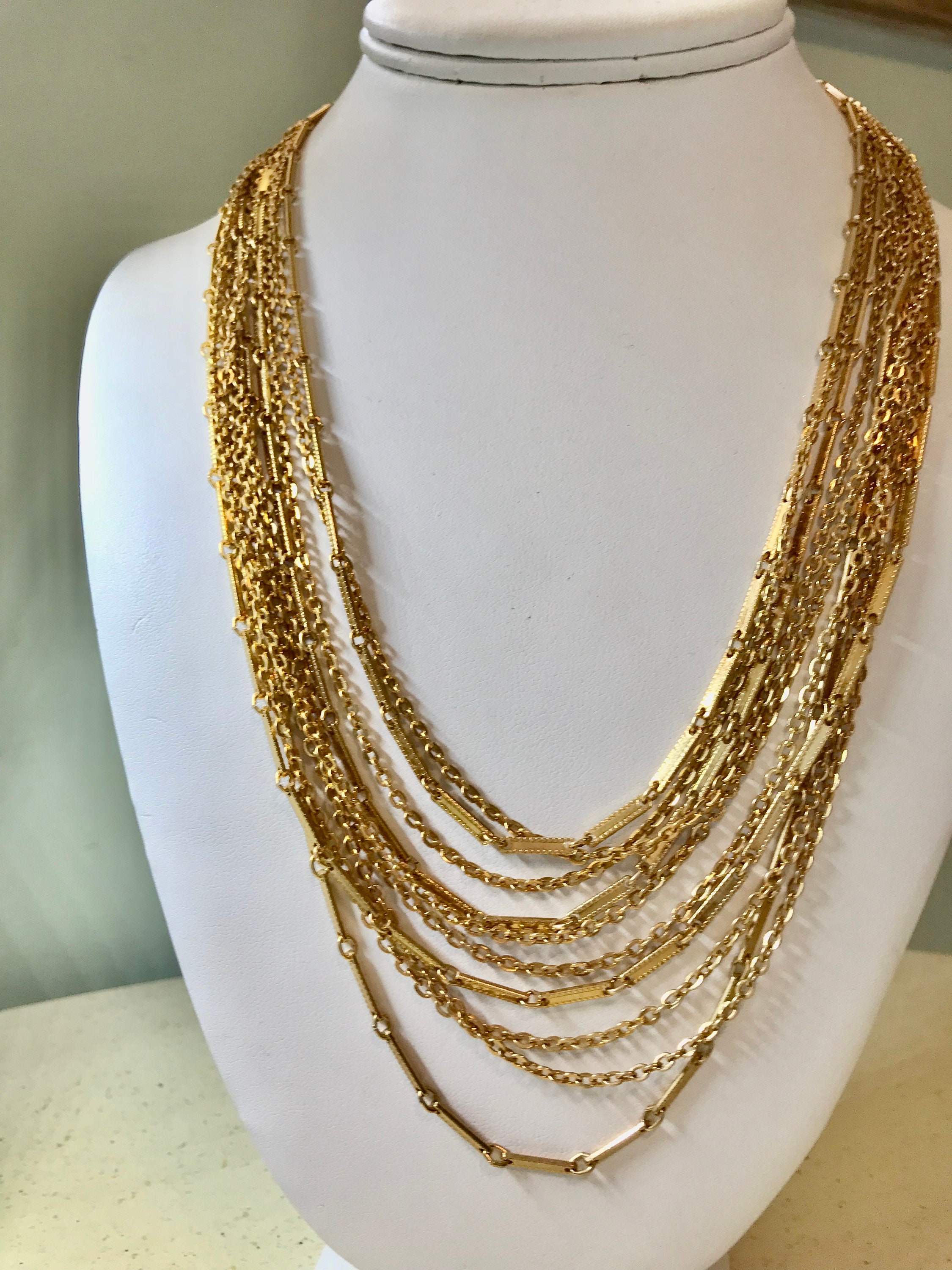 Eloxal Gold Chain Necklace 10 Strand Curb Chain, Bar Links 18