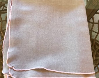 Gray Linen Topper Tablecloth Pink Border 40 x 39 inches Vintage 1980s Square Tea Table Cover