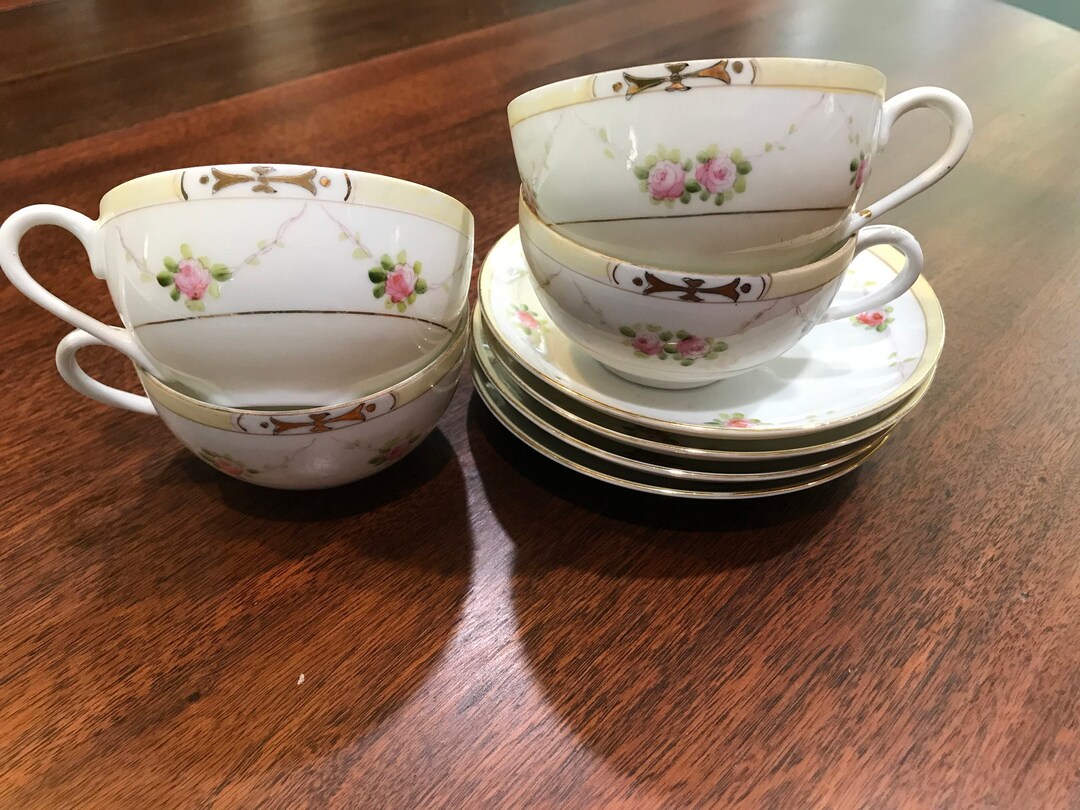 4 Nippon Roses Tea Cups Set Roses Pink Green Yellow Hand Painted Gilt ...