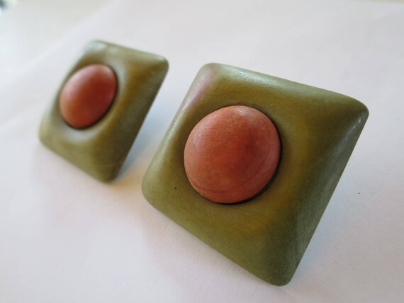 Green Brown Wood Earrings Domed Square Button Cen… - image 1