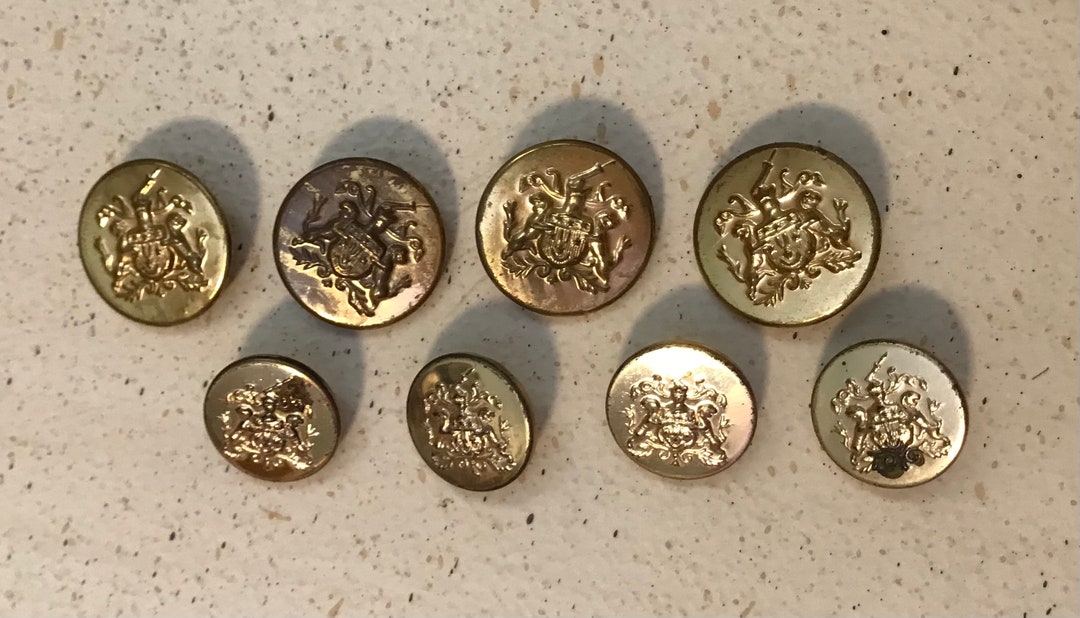 8 Brass Blazer/jacket Buttons Round Metal W/ Lions, Crown Crest Gold Finish 2 Pc. Metal Shank 7/ ...