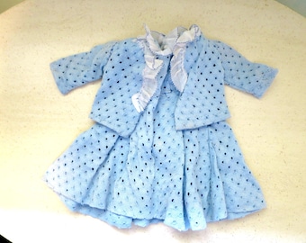 Doll Dress w/ Jacket 17" Doll Outfit Only Blue Eyelet Knit Puff Sleeve Dress Matching Jacket White Linen Sleeve, Neckline Trim Vintage 1930