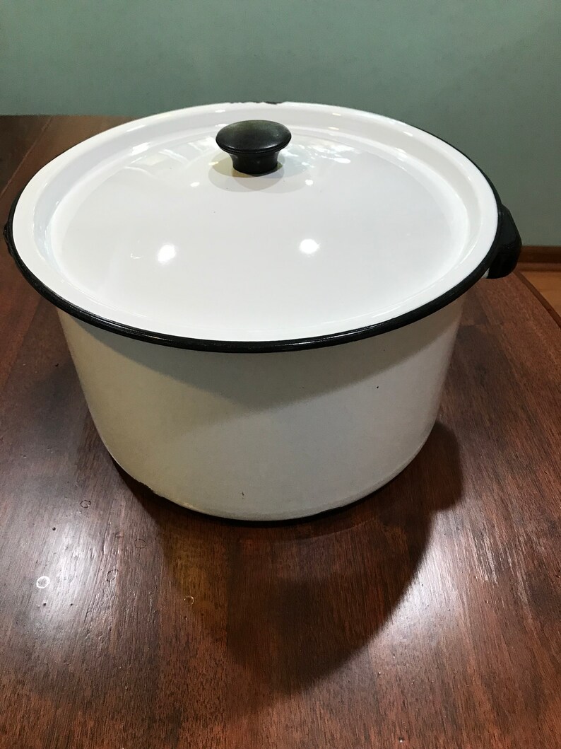 White Enamel Stock Pot W/ Black Trim Matching Lid Large Soup Etsy