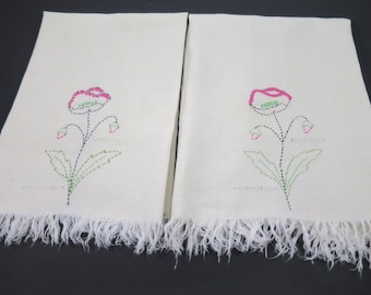2 Linen Tea Towels Poppy Hand Embroidery w/ Fringed Ends 1940's Vintage Art Deco Pink Poppies Kitchen Linens 26 x 17.5 in