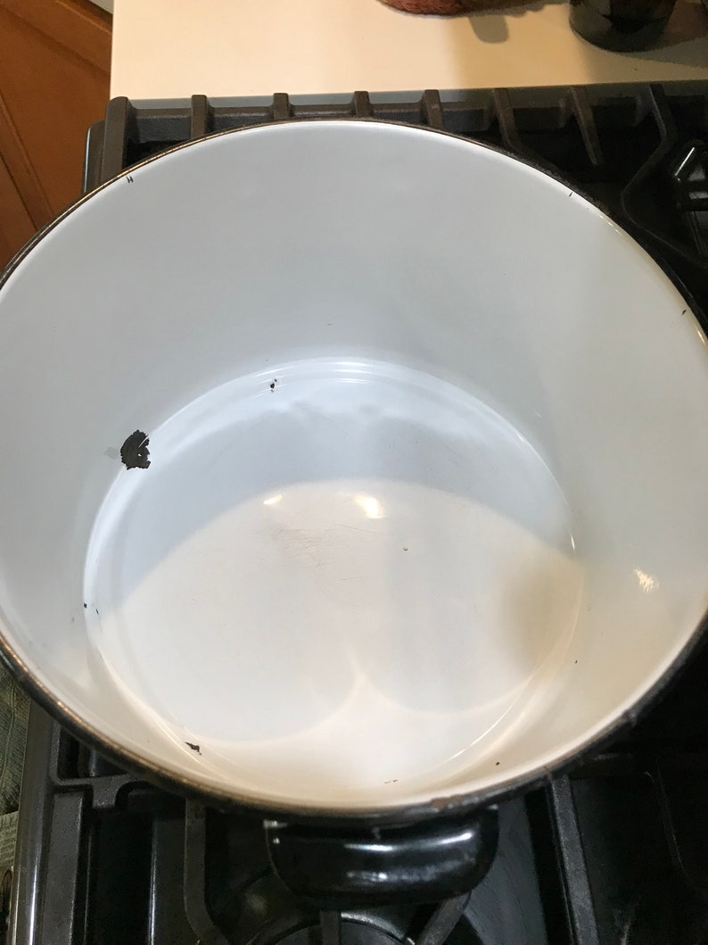 White Enamel Stock Pot W/ Black Trim Matching Lid Large Soup Etsy