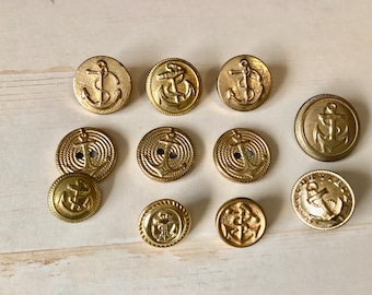11 Brass US Navy Metal Anchor Buttons Asst. Military Uniform Styles, Sizes Vintage 1940s -70s Metal Shank Back + Holes, 7/8 - 5/8 inch