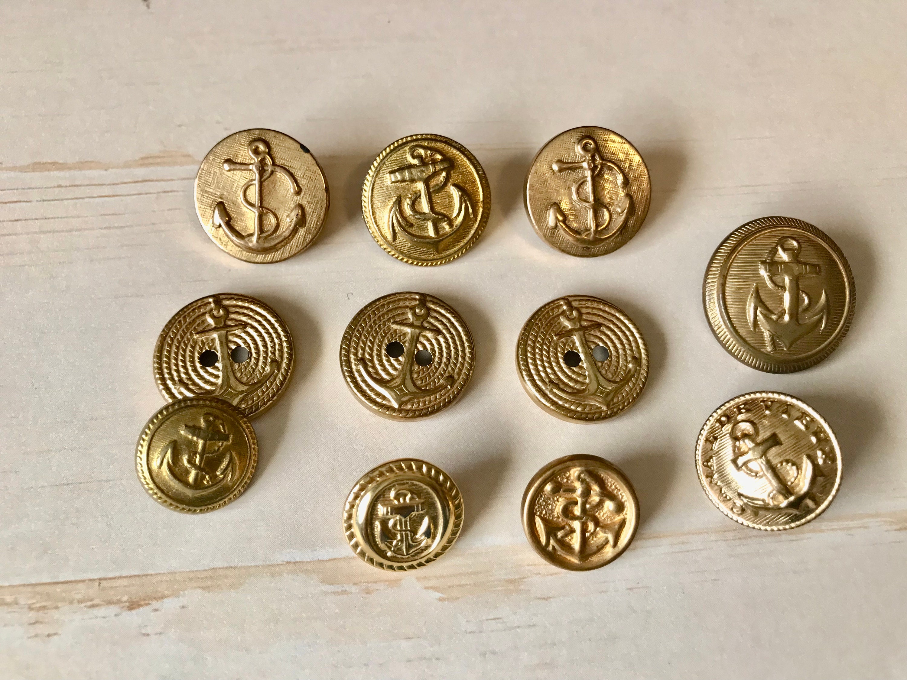 11 Brass US Navy Metal Anchor Buttons Asst. Military Uniform 
