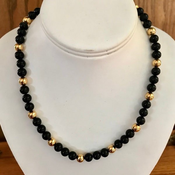 Napier Black Gold Bead Choker Necklace Gold Clasp 18.5 inch Vintage 1990s Classic Fashion Find