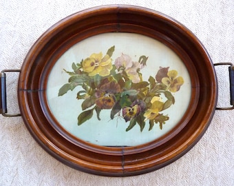 Victorian Pansy Tray Folk Art Painting Walnut Frame Serving/Vanity Tray Antique Home Decor 16 x 12 inches