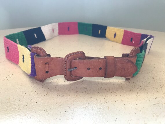 Woven Cotton Belt Multi Colors Natural Leather En… - image 5