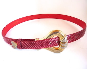 Red Snakeskin Leather Belt Gold/Silver Loop Buckle Size ML Fits 30-33" Waist Vintage 1980s