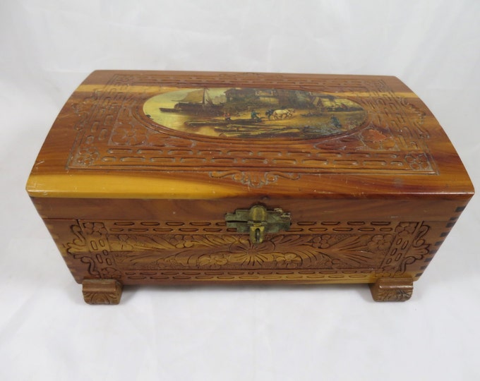 Antique Cedar Box Decoupage Top Brass Lock Hinges 1940's Etsy
