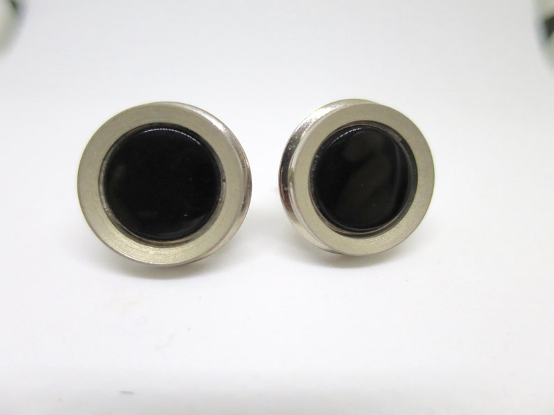 70/'s Vintage Mens Suit Accessory Mens Wedding Formal Round Silver Black Cuff Links Black Obsidian Sets Swivel Back MidCentury 1960/'s