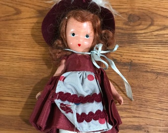 Nancy Ann Storybook Doll Redhead Feather Hat Apron, Trimmed Dresses Frozen Legs Bisque Jointed 5.25 inch Doll  Vintage 1941-45