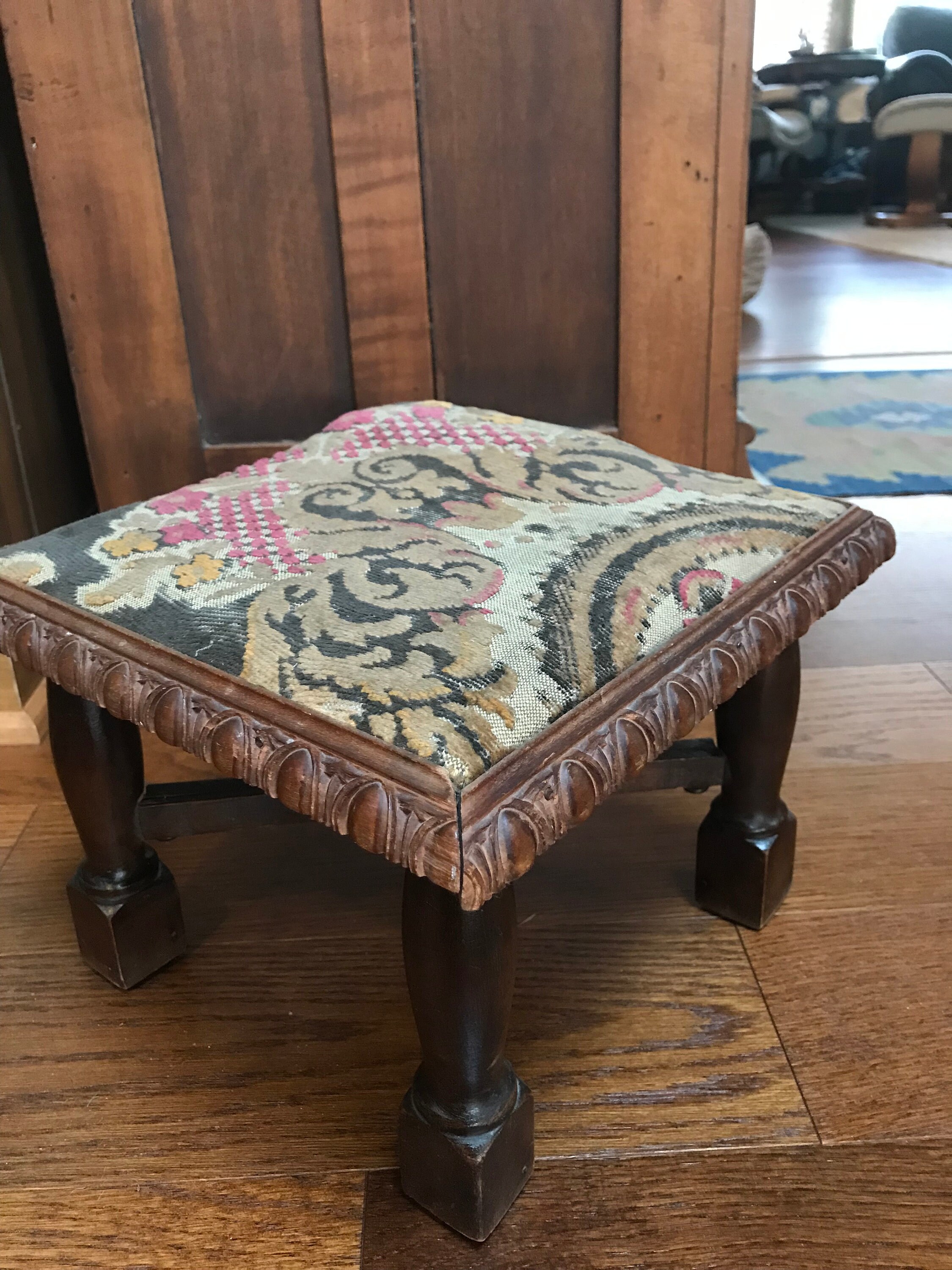 Wood Foot Stool Tapestry Fabric Top Carved Molding Edge 4 Wood Legs W Cross Bars 11 Sq. Gout Stool Etsy
