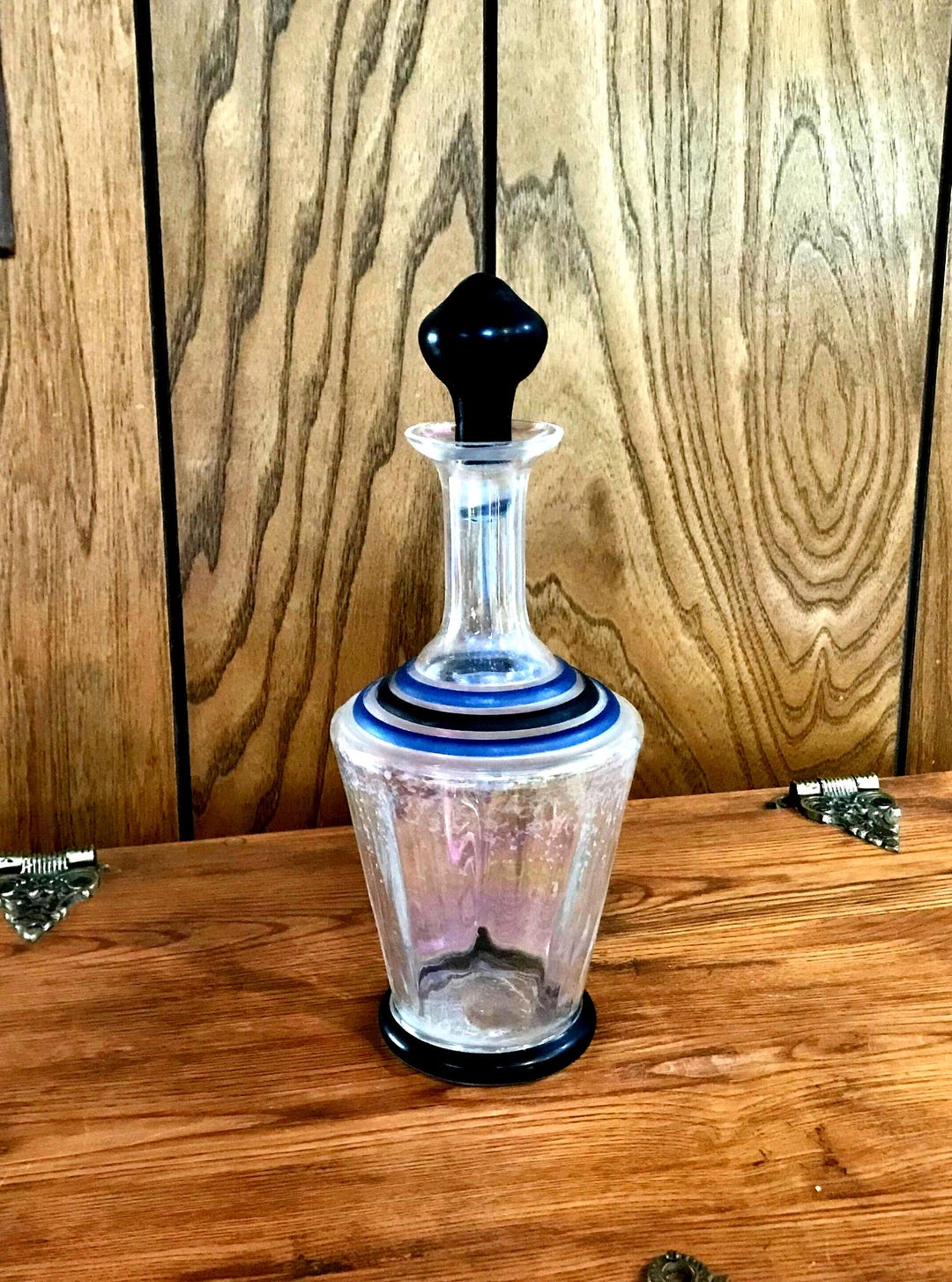 Art Deco Decanter W/ Glass Stopper Opalescent Glass W/ Blue Black Rings ...