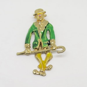 Circus Clown Brooch Articulated Moving Swinging Legs Top Hat Cane Green Yellow Gold Dancing Clown Vintage 1970s Fashion Brooch 2.25&quot;