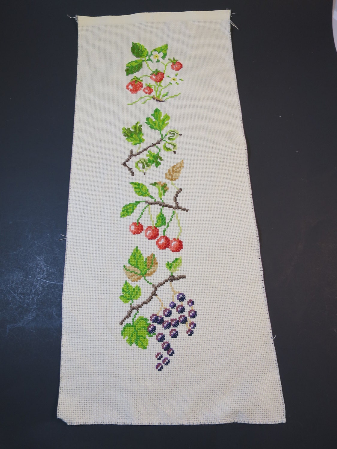 Fruit Bell Pull Finished Cross Stitch Panel Vertical Fruit Design on