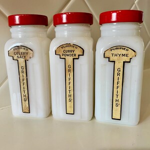 3 Milk Glass Spice Jars Griffith Labels Intact Vintage 1940s-50s