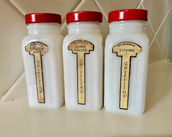 Vintage Griff Milk Glass Spice Jars 1940s Set of Seven With Red
