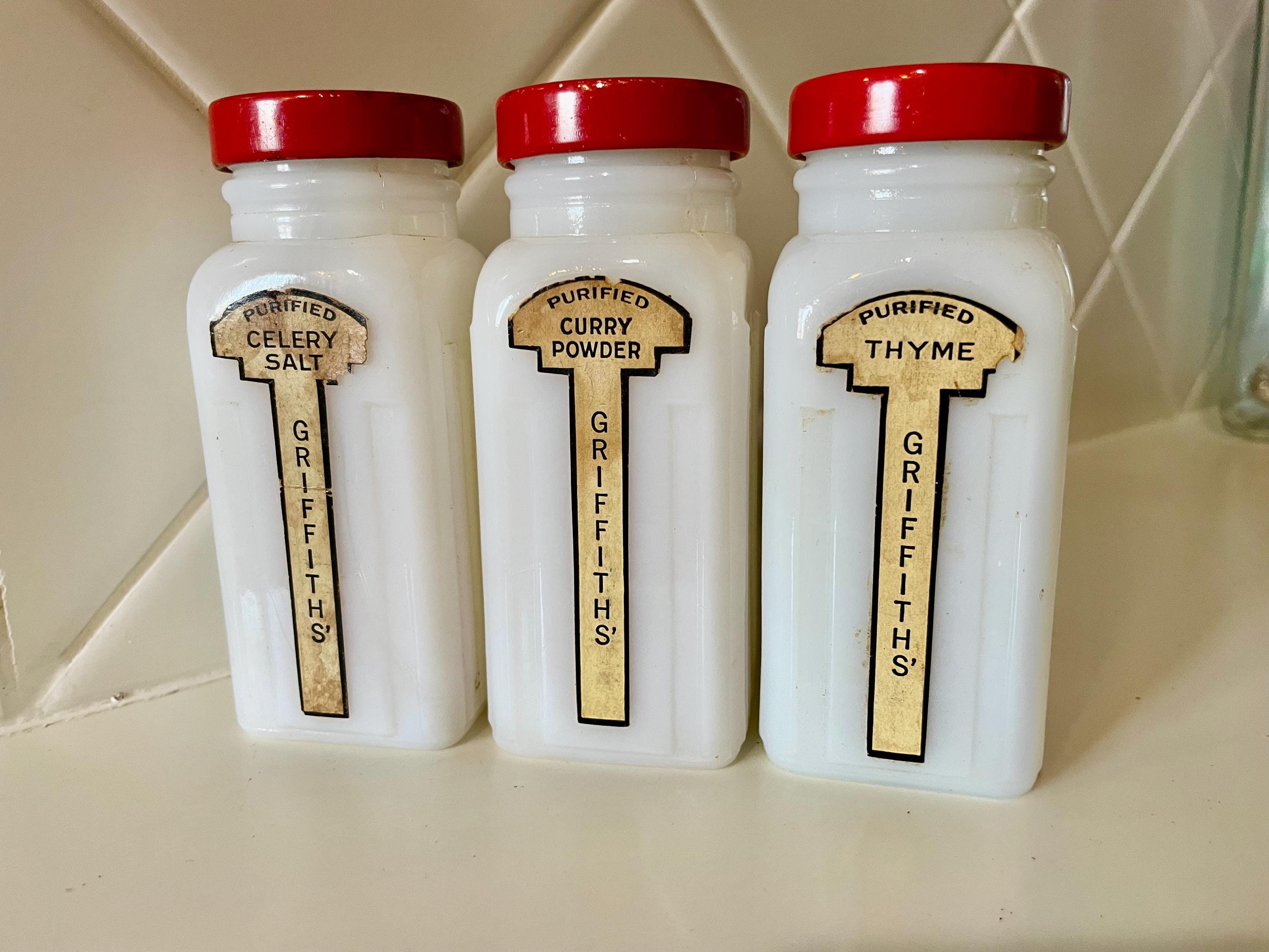 3 Milk Glass Spice Jars Griffith Labels Intact Vintage 1940s-50s