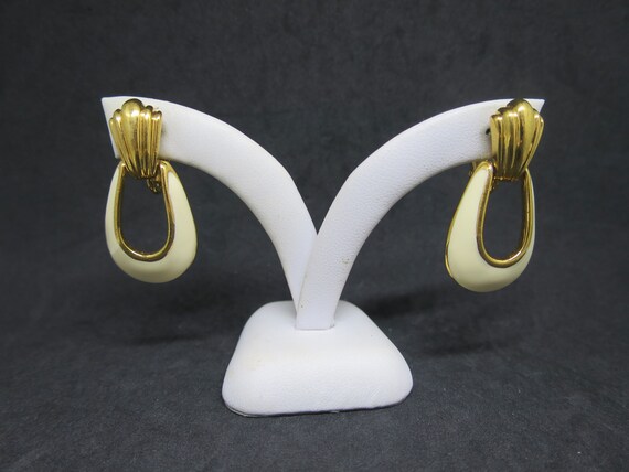 Napier Door Knocker Earrings Gold Cream Oval Hoop… - image 9