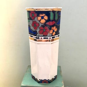 Art Deco Haddon Pottery Vase, Navy, Orange Floral, England, 1930s  6"