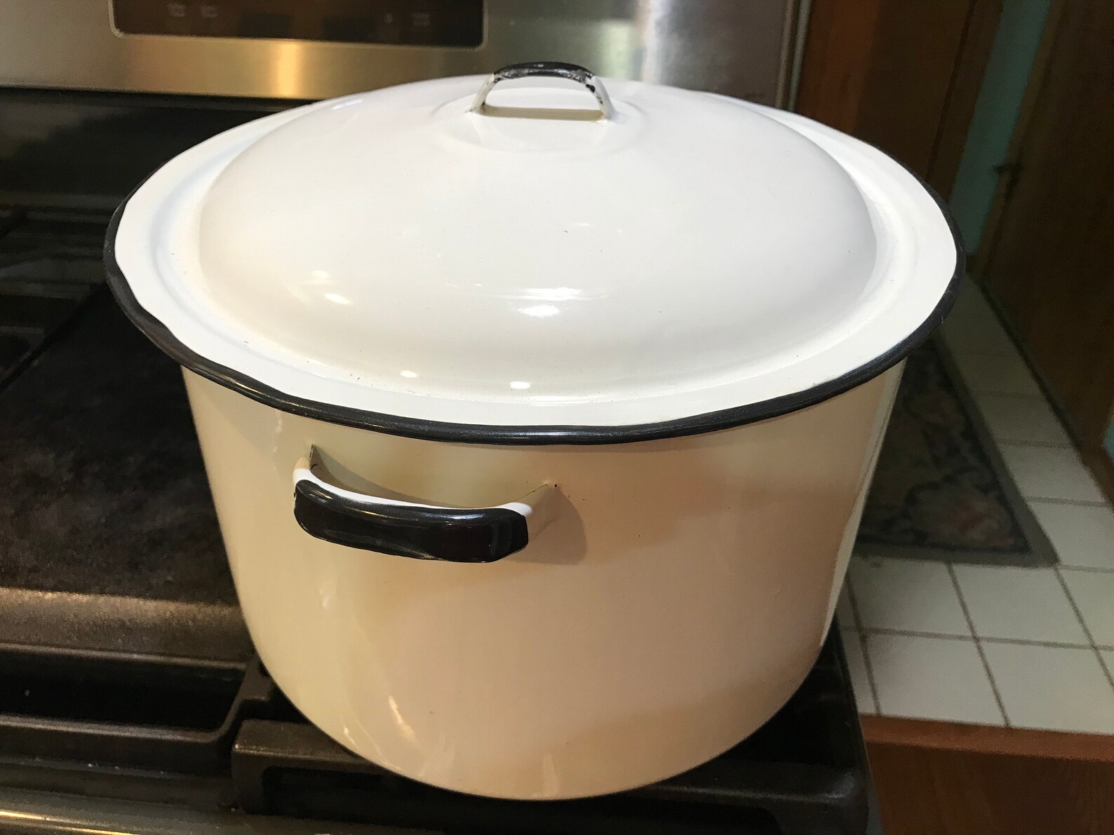 White Enamel Stock Pot 2 Gallon Black Trim Domed Lid Large 8 Etsy
