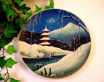 Snow Scene Plate of Temple Mt Fuji Hand Painted  Japanese Scenic Porcelain Vintage Plate 10 3/8 inch Diameter Gilt Rim