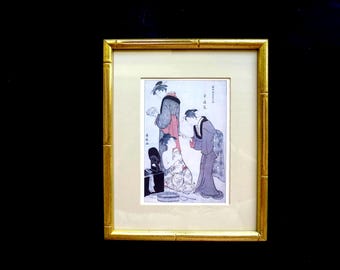 Japan Geisha Picture Torrii Kiyonaga Color Woodblock Print 1783 Tatsumi Gay Quarters Series 3 Yujo  Bamboo Frame Vintage 1980&#39;s 8 x 10&quot;