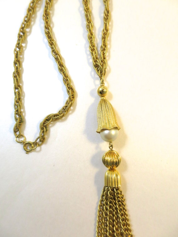 Gold Tassel Necklace Pearl Drop Pendant w/ Chain … - image 4