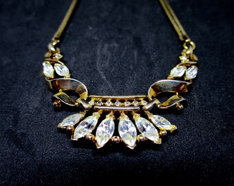 Trifari Alfred Phillipe Necklace Coronet Crown Pendant Gold Rhinestone Necklace Vintage 1950's Fashion Jewelry