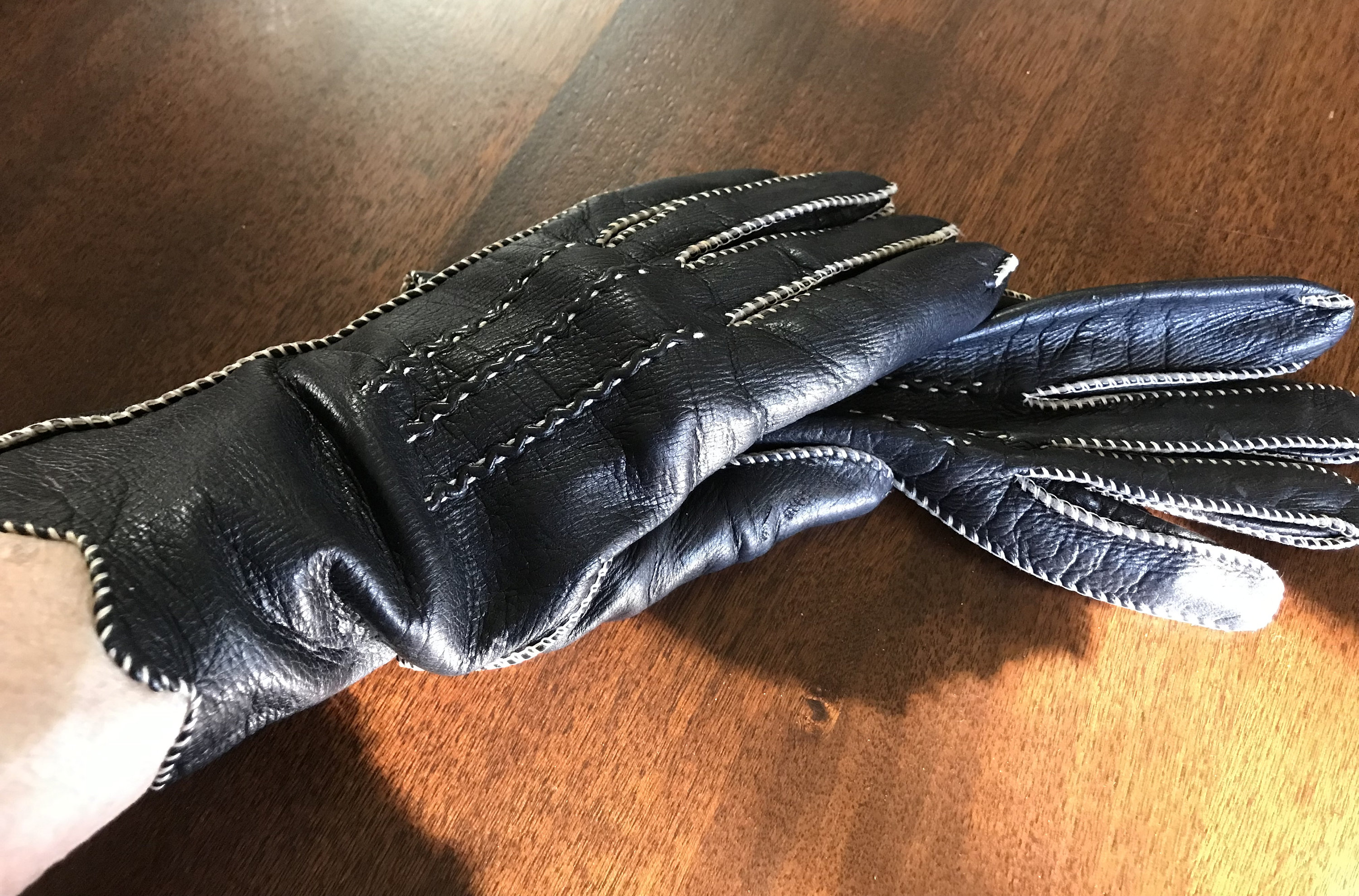 ヤ*ヌ様 60s vintage leather glove Black Leather Gloves White Edge + Top Stitch Accent Size 7