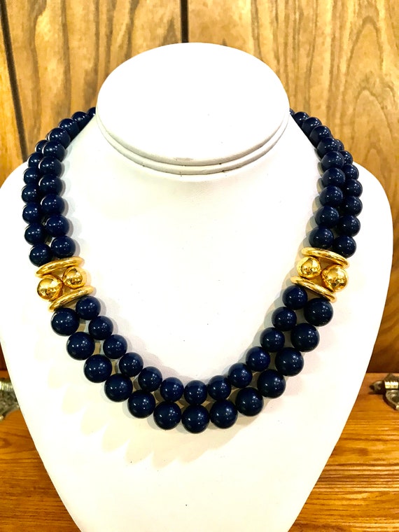 Napier Navy Bead Necklace Double Strand Gold Plat… - image 1