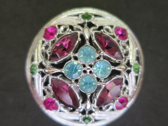 Round Domed Gem Brooch Glass Amethyst Emeralds Sa… - image 1