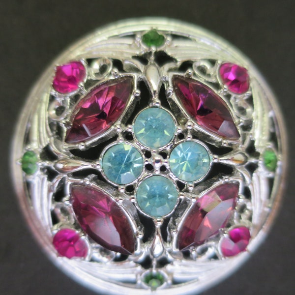 Round Domed Gem Brooch Glass Amethyst Emeralds Sapphires Rubies Open Filigree Silver Setting 2 inch Sarah Coventry Springtime Vintage 1960's