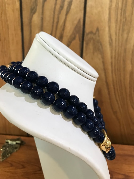 Napier Navy Bead Necklace Double Strand Gold Plat… - image 4