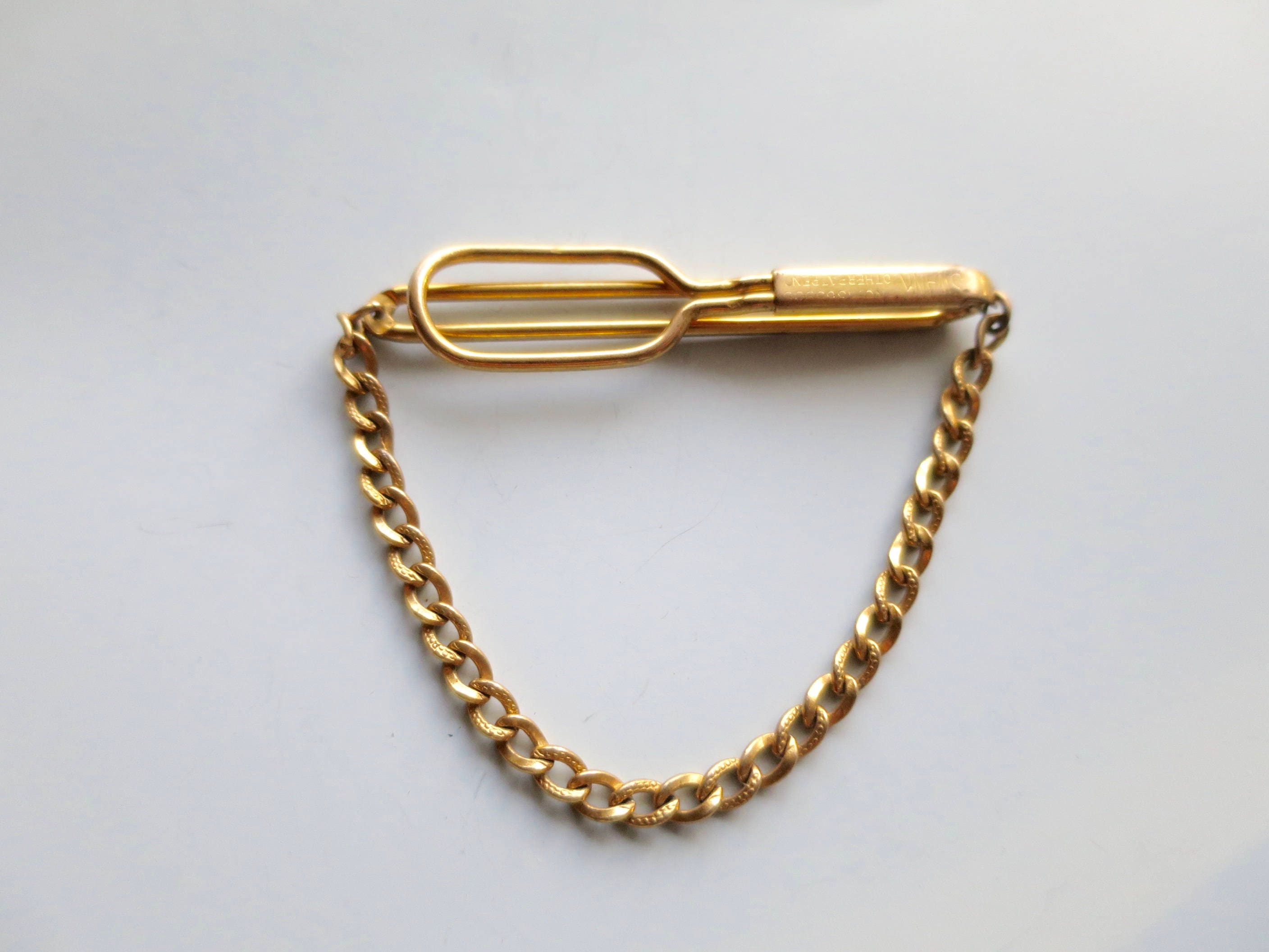 Swank Tie Clip Gold Finish Hanging Chain Vintage Art Deco Tie