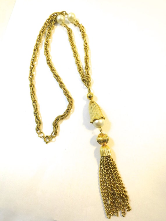 Gold Tassel Necklace Pearl Drop Pendant w/ Chain … - image 1