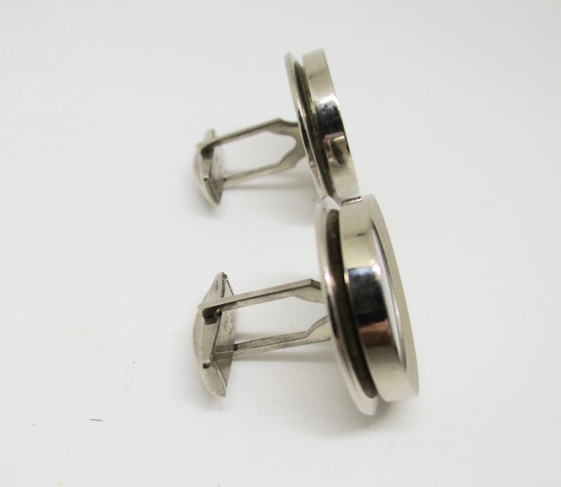 70/'s Vintage Mens Suit Accessory Mens Wedding Formal Round Silver Black Cuff Links Black Obsidian Sets Swivel Back MidCentury 1960/'s