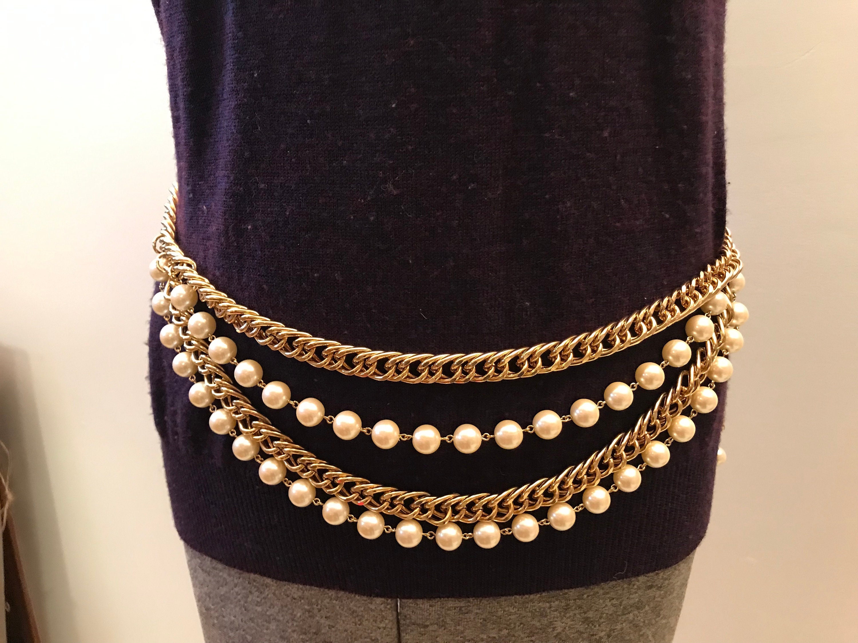 Vintage 80s Gold Chain Pearl Belt Womens Multi Layer Statement Swag Adjustable SOLD Vintage multi chain pearl belt — the perfect summer  main image 2