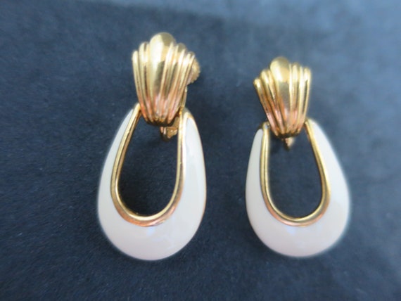 Napier Door Knocker Earrings Gold Cream Oval Hoop… - image 1