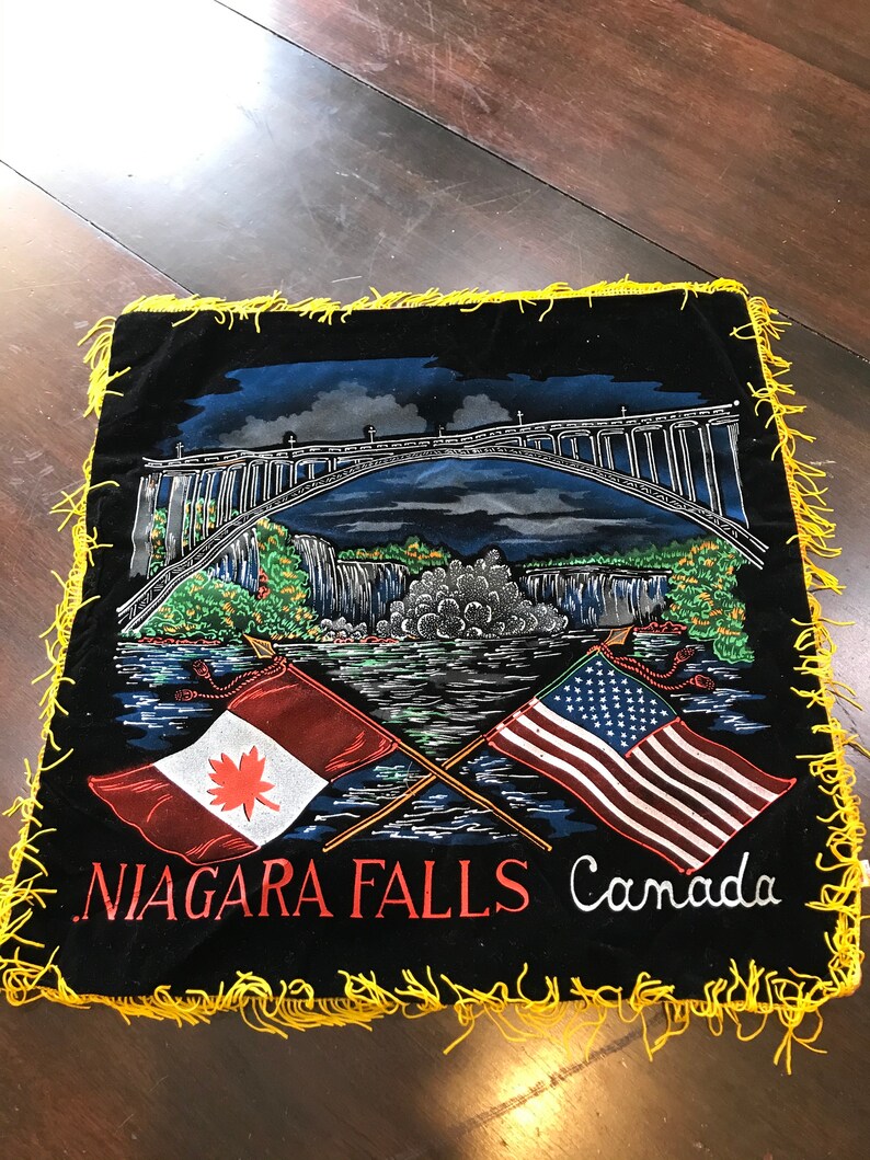 Niagara Falls Souvenir Pillow Case Vintage 1950s Black Flocked Velvet Pillow Pink Back Yellow Fringe Edge 17 inch Sq. No Filler image 1