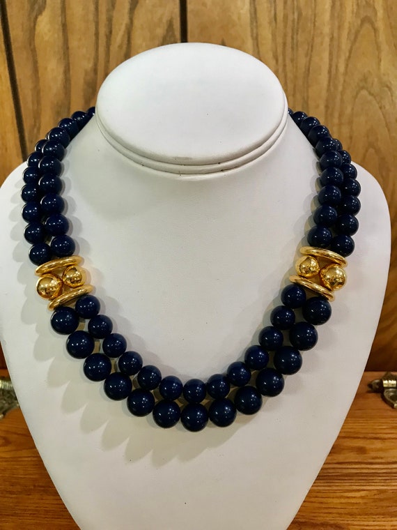 Napier Navy Bead Necklace Double Strand Gold Plat… - image 6