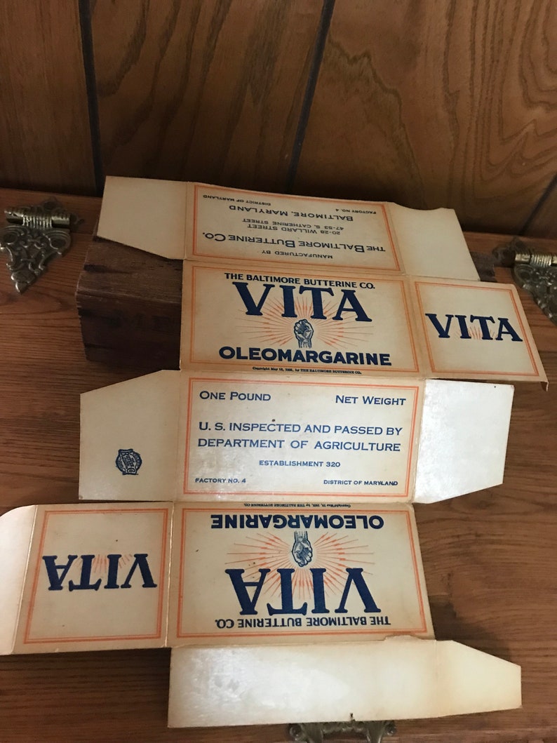 Vita Oleomargarine Box 1 lb Original Waxed Cardboard Container Baltimore Butterine Co. Vintage 1920's-30's Kitchen Display Collectible image 3