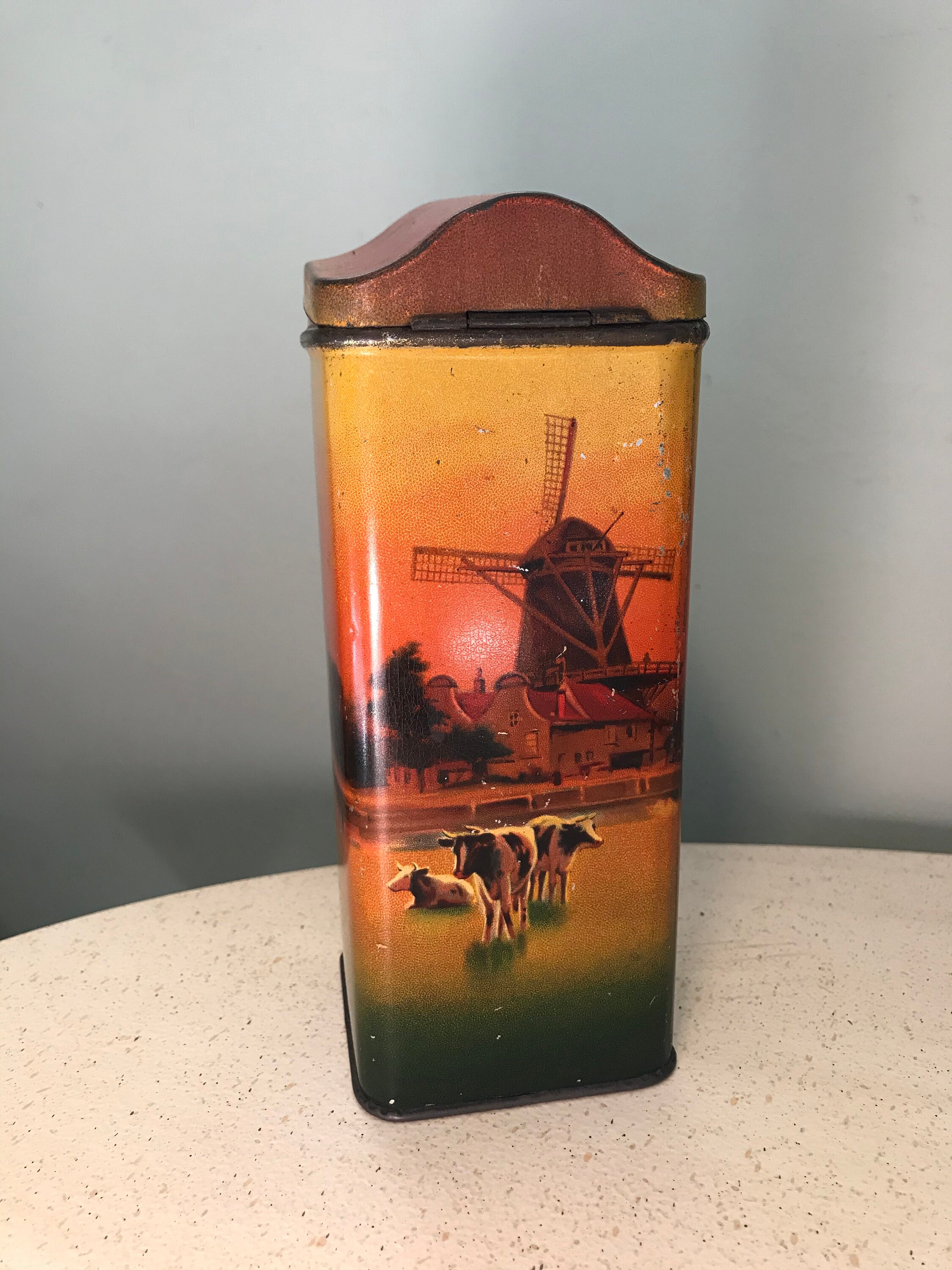 Pastoral Scene Cocoa/Tea Tin Vintage 1930's Dutch Farm Windmill Cows Domed Lid Holland Cocoa Antique Kitchen Tin 6.5 inch