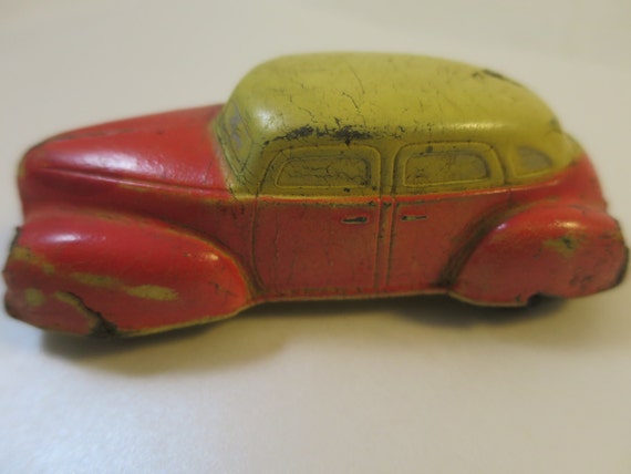 Sun Rubber Toy Car 1930 S Limo Sedan Suicide Doors Red Yellow 2 Tone Body Original Paint 4 X 1 3 4 Inches Old Vintage Toy Car Collectible