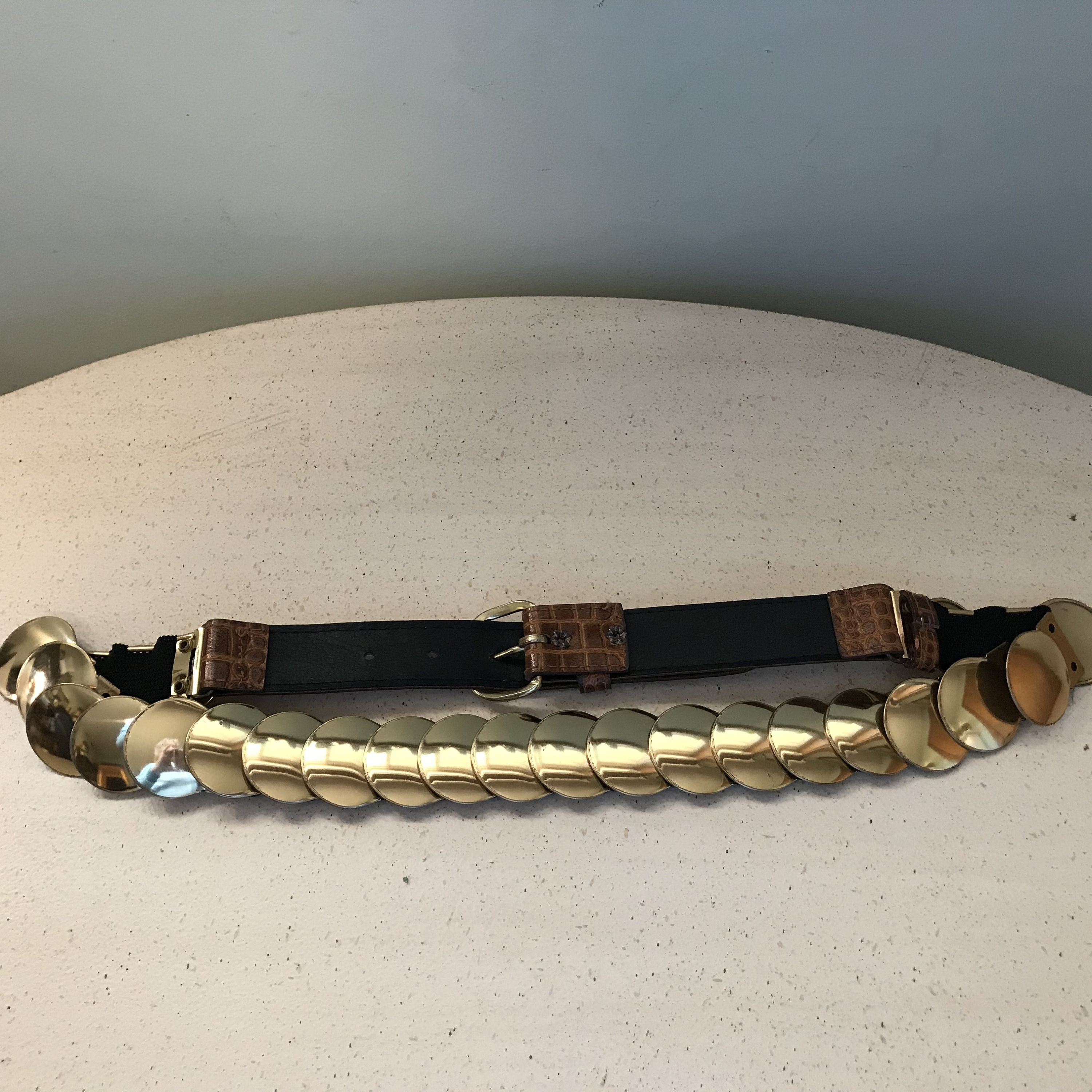 Gold Metal Stretch Belt: Faux Reptile Leather, Brass Discs  display picture 3