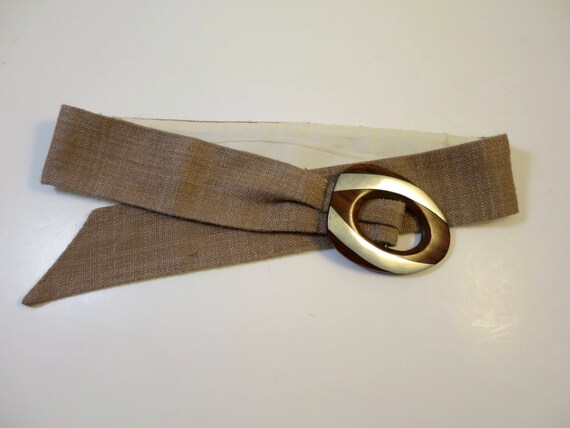 Taupe Brown Silk Cinch Belt Oval Silver Stripe Wo… - image 1